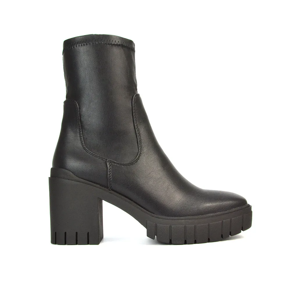 Sofia Platform Block High Heel Chunky Biker Ankle Boots in Putty Synthetic Leather