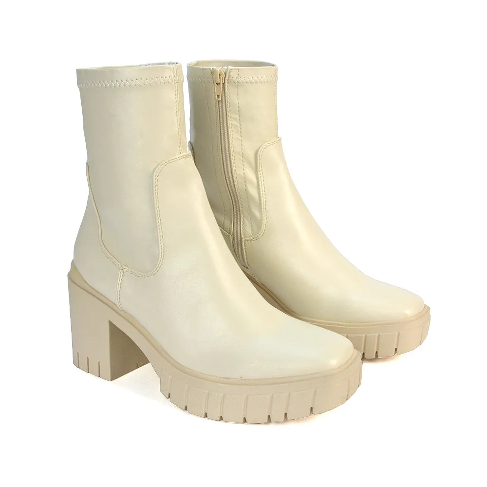 Sofia Platform Block High Heel Chunky Biker Ankle Boots in Putty Synthetic Leather