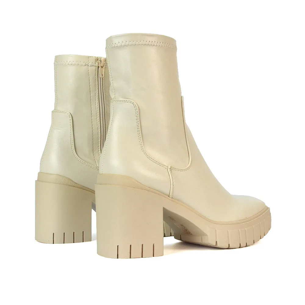 Sofia Platform Block High Heel Chunky Biker Ankle Boots in Putty Synthetic Leather