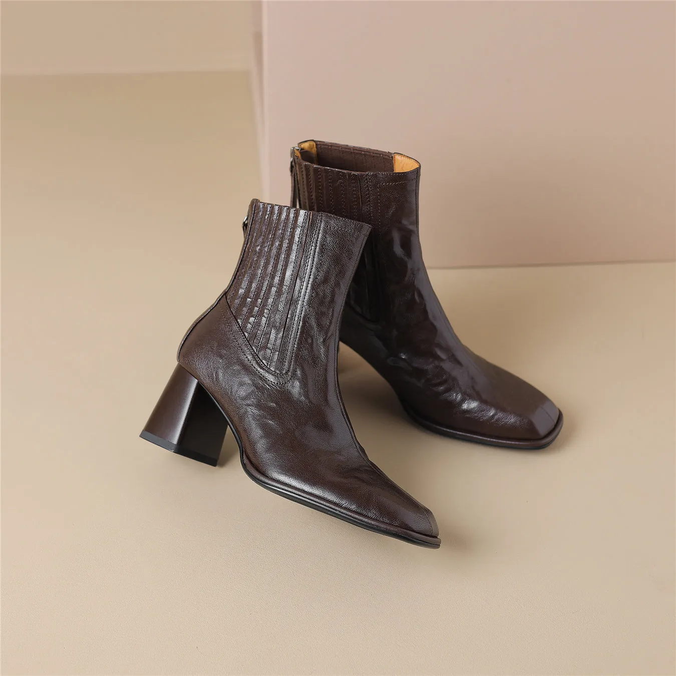 TinaCus Handmade Women's Genuine Leather Square Toe Block Heel Back Zip Ankle Boots