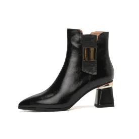 TinaCus Women's Pointed Toe Side Zip Up Genuine Leather Handmade Chunky Heels Ankle Boots