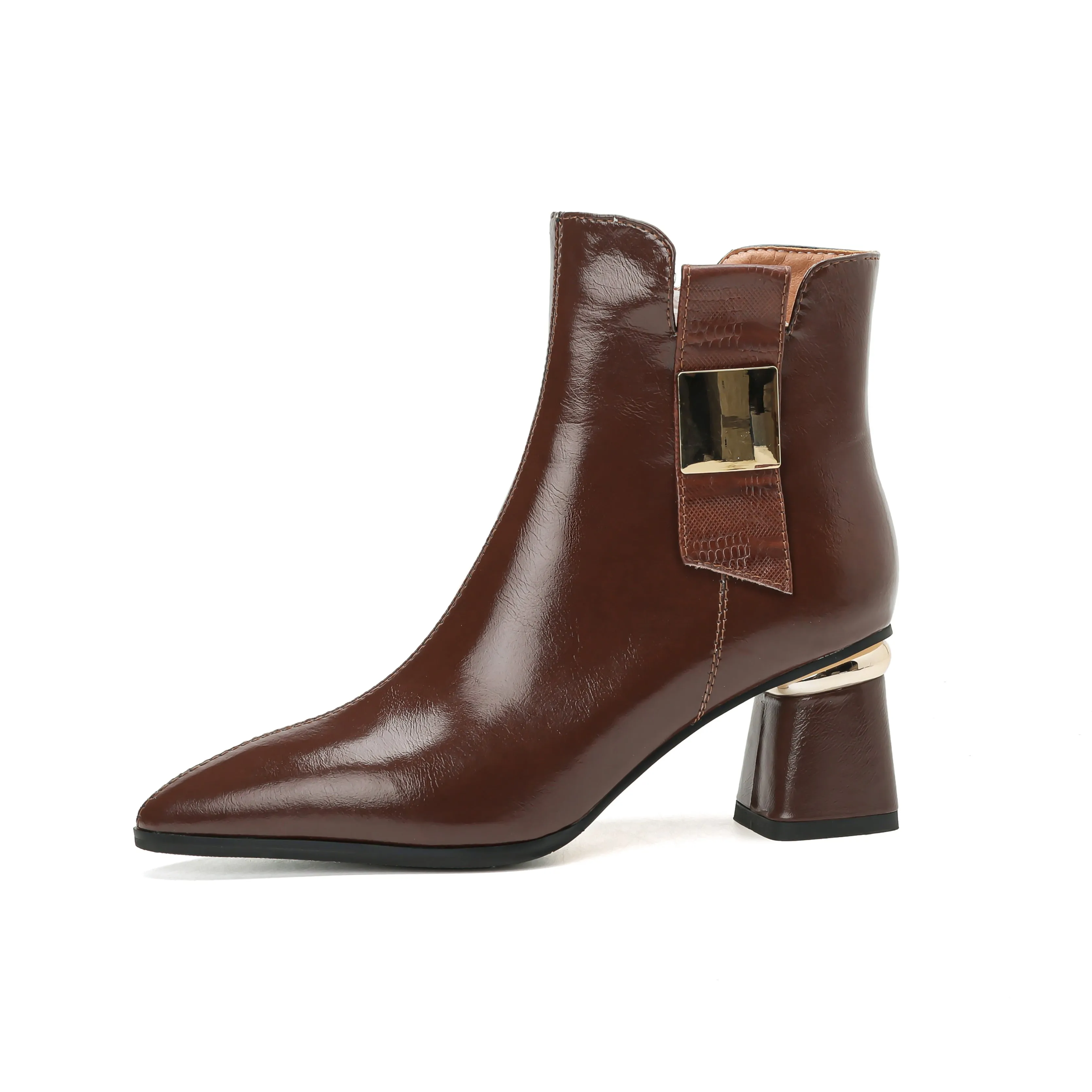 TinaCus Women's Pointed Toe Side Zip Up Genuine Leather Handmade Chunky Heels Ankle Boots