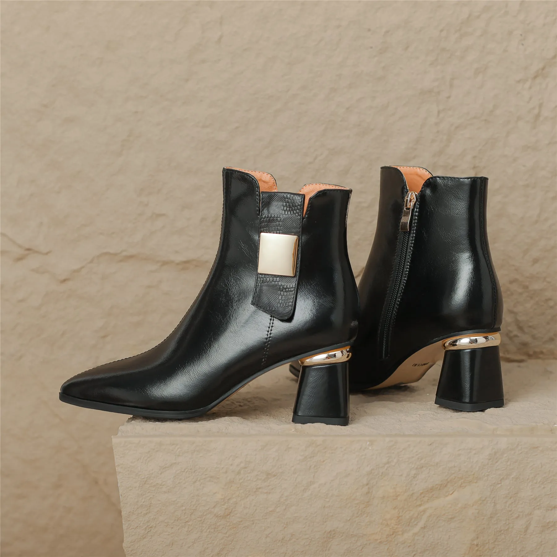 TinaCus Women's Pointed Toe Side Zip Up Genuine Leather Handmade Chunky Heels Ankle Boots
