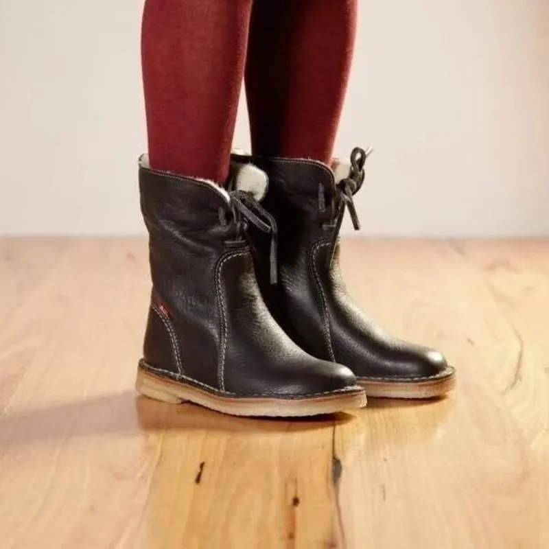 Womens Mid-Calf Boots  Faux Leather  Plush Lining  Non-Slip Sole  Lace-Up Design