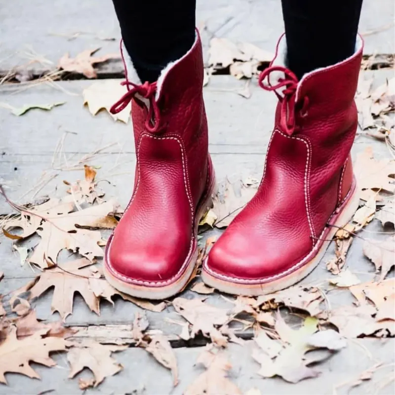 Womens Mid-Calf Boots  Faux Leather  Plush Lining  Non-Slip Sole  Lace-Up Design