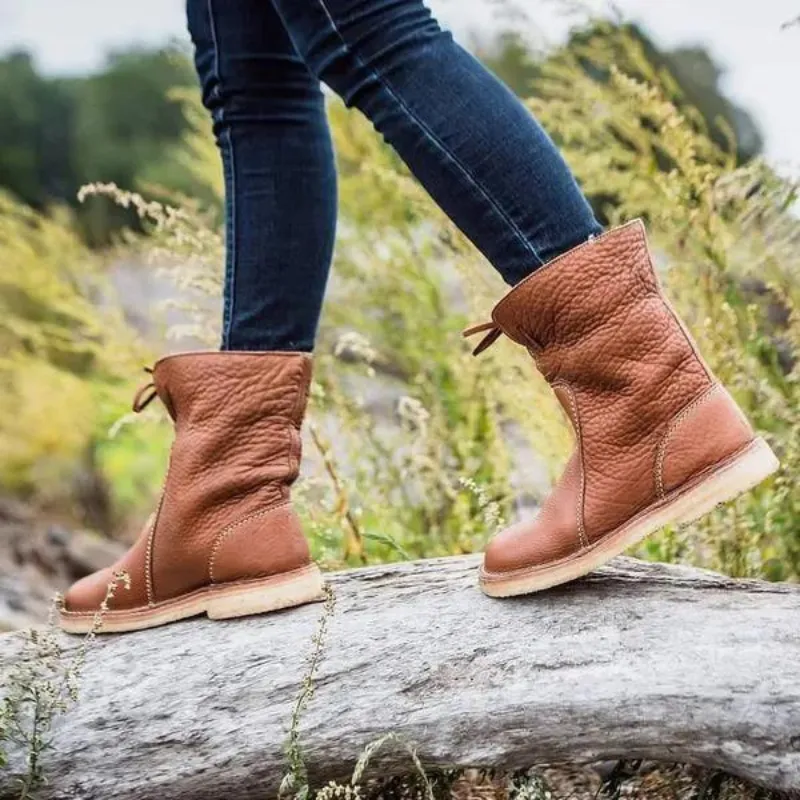 Womens Mid-Calf Boots  Faux Leather  Plush Lining  Non-Slip Sole  Lace-Up Design
