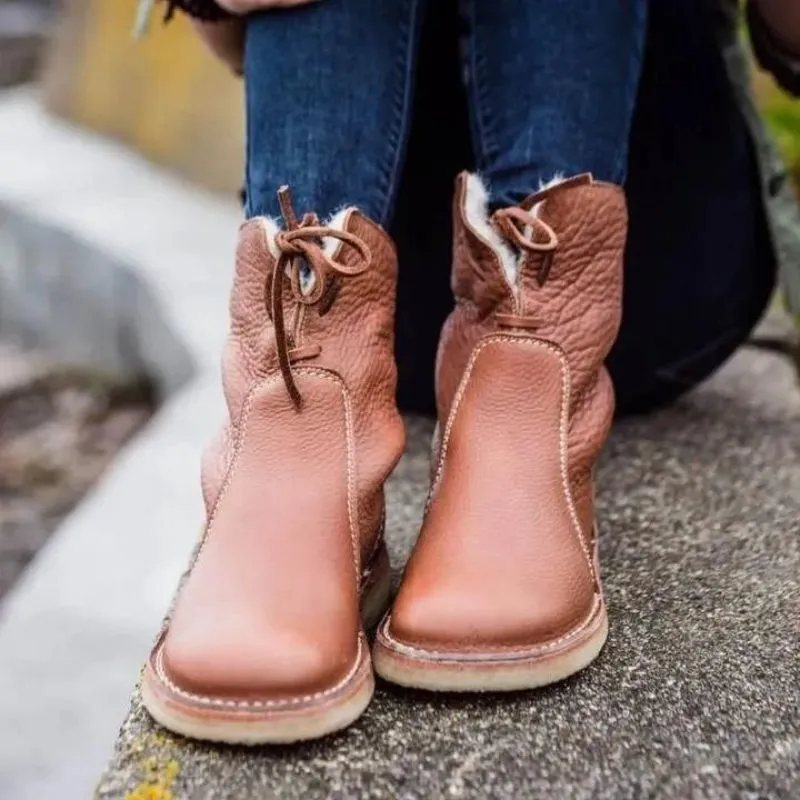 Womens Mid-Calf Boots  Faux Leather  Plush Lining  Non-Slip Sole  Lace-Up Design