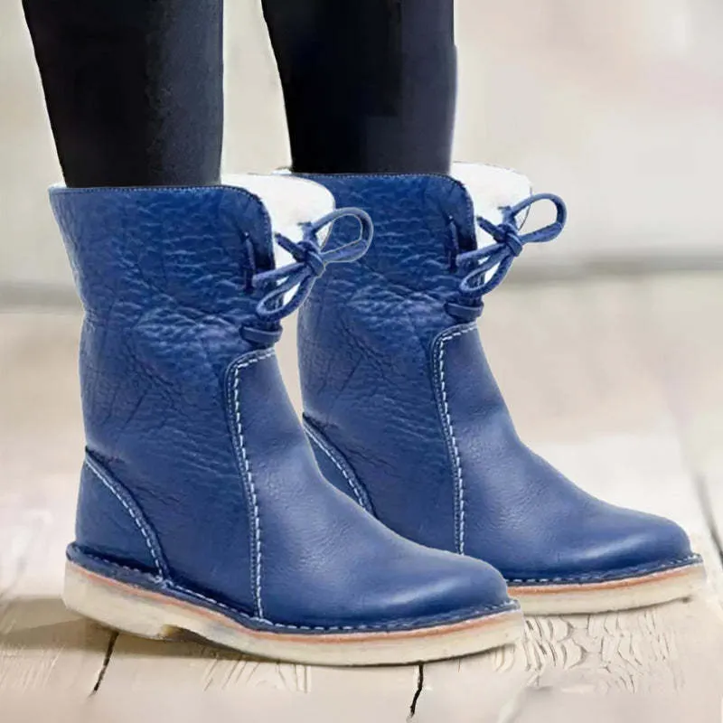 Womens Mid-Calf Boots  Faux Leather  Plush Lining  Non-Slip Sole  Lace-Up Design