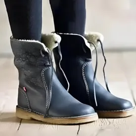Womens Mid-Calf Boots  Faux Leather  Plush Lining  Non-Slip Sole  Lace-Up Design