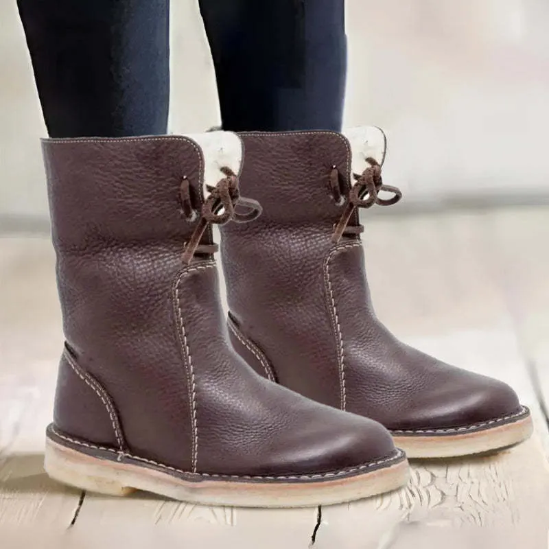 Womens Mid-Calf Boots  Faux Leather  Plush Lining  Non-Slip Sole  Lace-Up Design