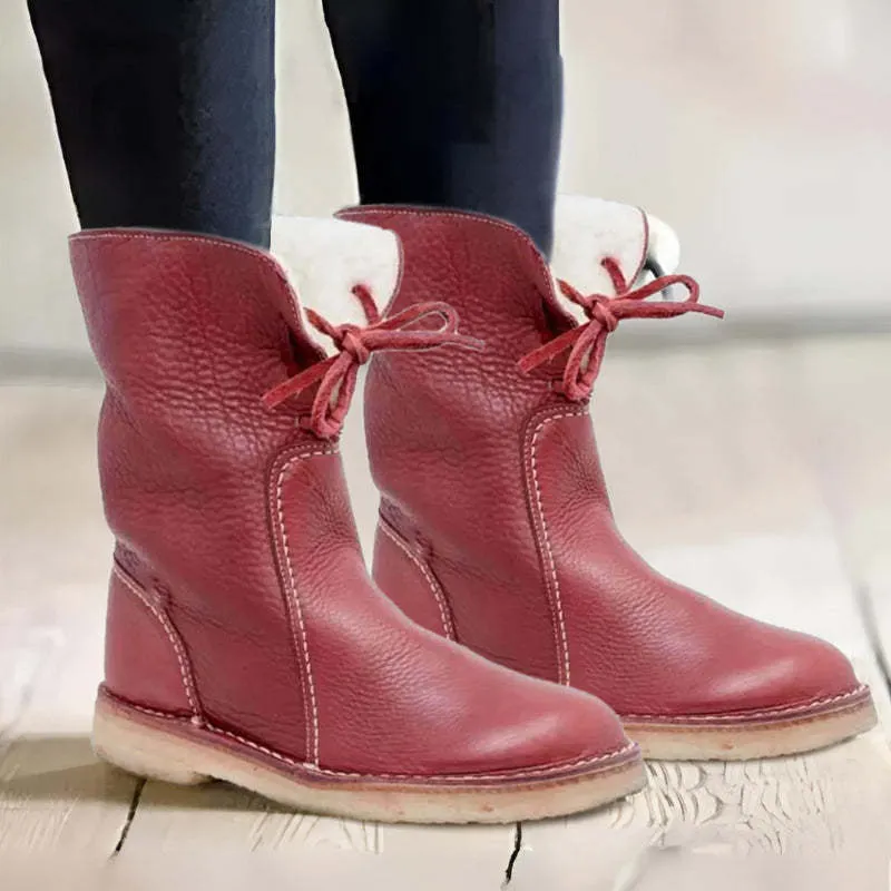 Womens Mid-Calf Boots  Faux Leather  Plush Lining  Non-Slip Sole  Lace-Up Design